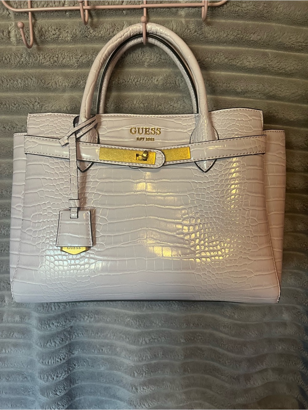 GUESS Croc-Embossed Satchel Handbag in Light Pink with Gold Hardware